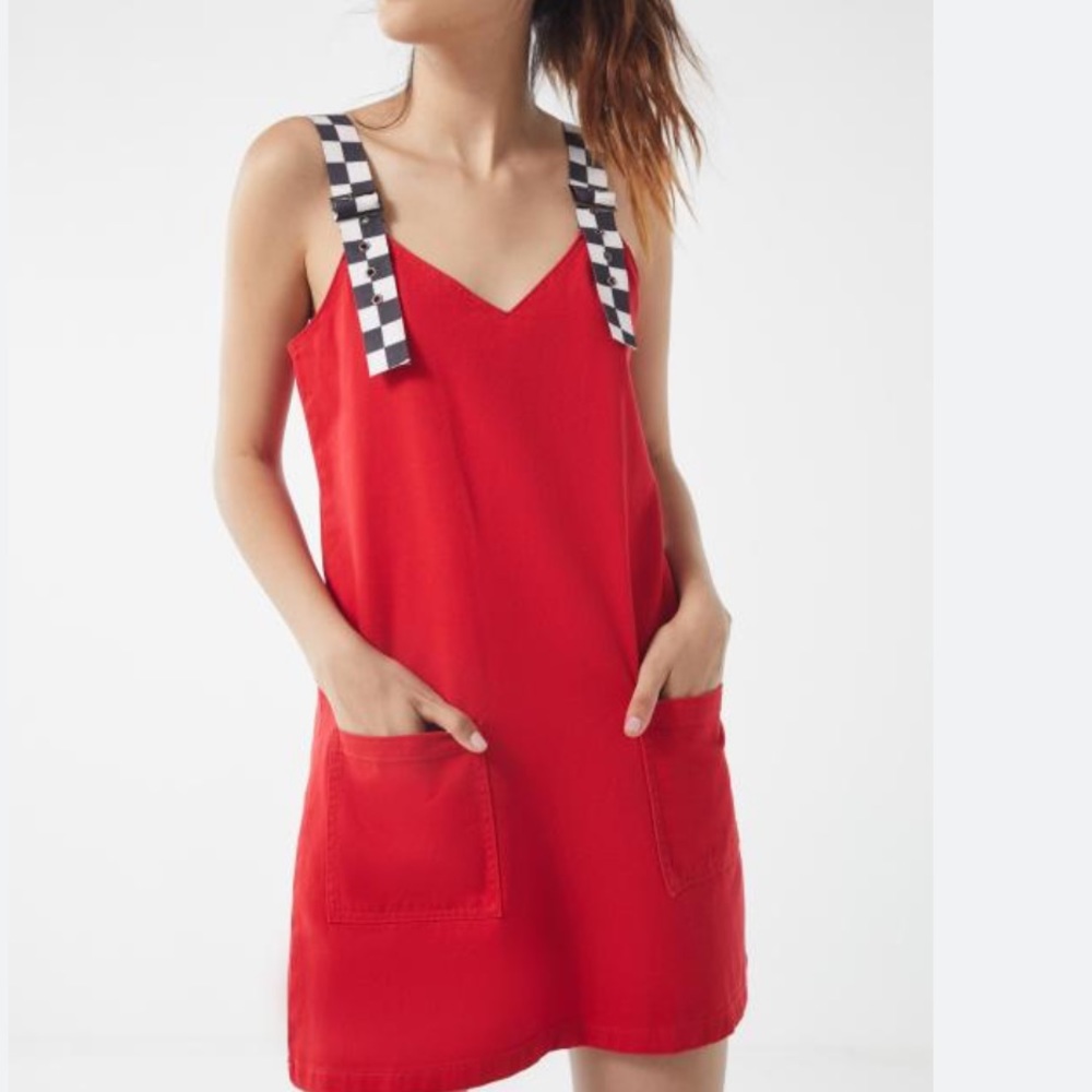 Lazy Oaf Checkered Buckle-Strap Pinafore Red Mini Dress - Picture 1 of 15